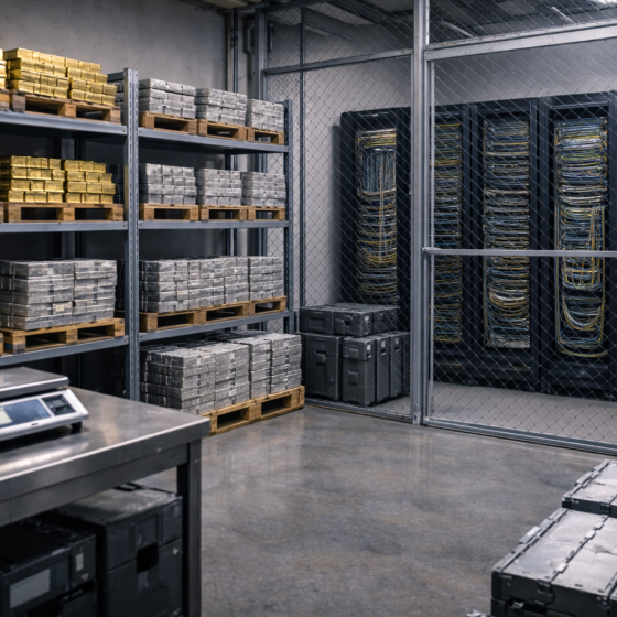 Bullion storage facility with gold and silver bars alongside unbranded data center racks and fiber cables, no text, no logos, no flags