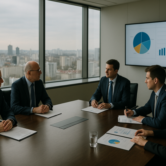 International finance experts and Ukrainian officials in a modern meeting room in Kyiv reviewing investment projects