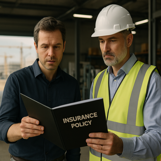 Insurance risk assessor reviewing non life coverage with a Ukrainian SME at a logistics warehouse, no logos and no readable text