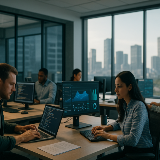 Modern Ukrainian IT office with developers working at laptops and digital dashboards showing global projects