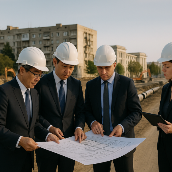 Japanese and Ukrainian officials inspecting reconstruction of public infrastructure in southern Ukraine