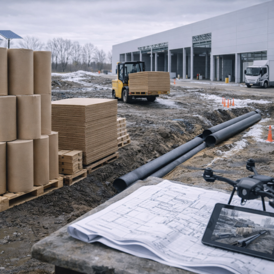 Industrial park site with paper rolls and packaging materials being handled by forklifts in winter daylight, no text