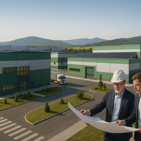 Modern green industrial campus with factory buildings and solar panels in western Ukraine