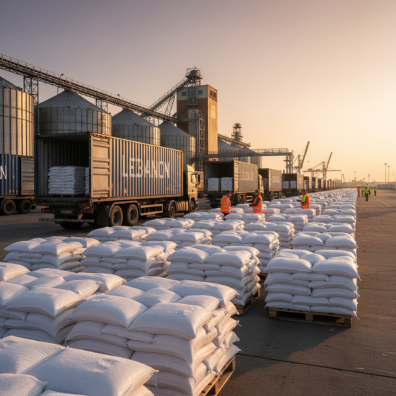 Rows of bagged sugar at a Ukrainian terminal being loaded into trucks or containers bound for Lebanon and Syria