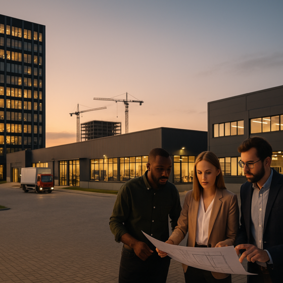 Modern office and industrial buildings in Ukraine with business people planning long-term investments