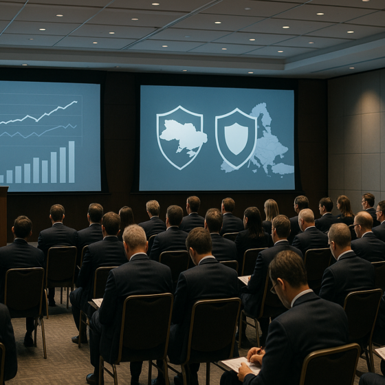 Business forum in Warsaw with investors and officials discussing war-risk insurance and reconstruction projects for Lviv and Ukraine