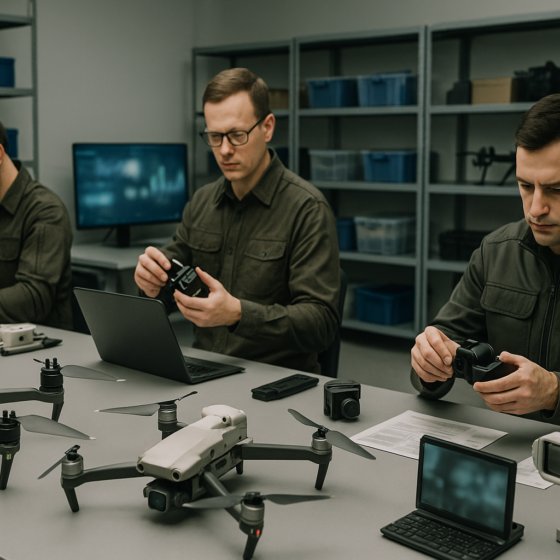 Engineers assembling drone gimbal stabilizers and guidance modules in a modern Ukrainian defense-tech lab