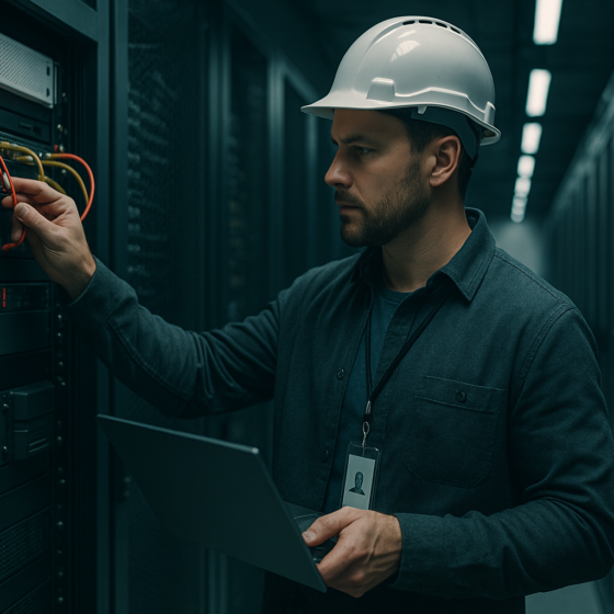 Cybersecurity engineer inspecting network security hardware in a Ukrainian data center, no text