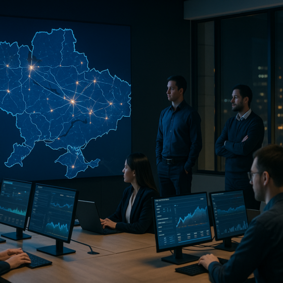 Team of analysts in the National Bank of Ukraine watching a large screen with an abstract map of non cash money flows while working at computers
