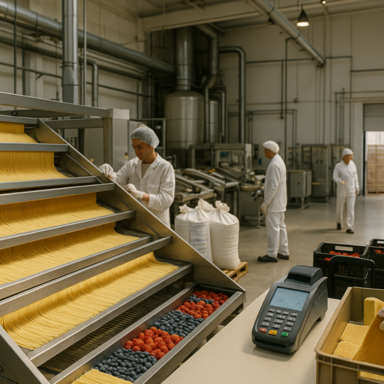Modern pasta production line in western Ukraine with quality control and export-ready pallets, no logos and no readable text