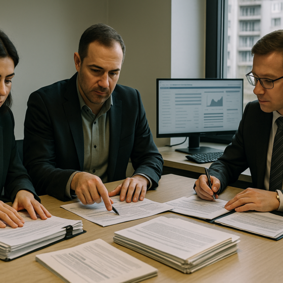 Notary and clients in a Ukrainian office reviewing real estate contracts and proof of funds documents with apartment buildings visible outside the window