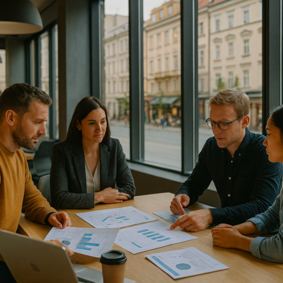 International investors and Ukrainian entrepreneurs discussing financing in a modern coworking space