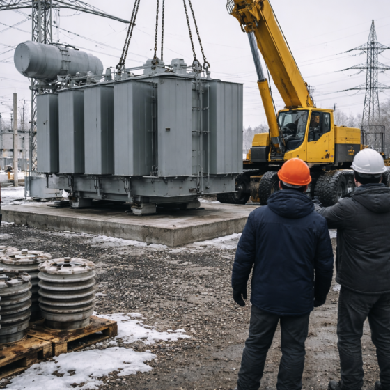 Ukrainian high-voltage substation repair with a crane installing a transformer, winter daylight, no readable text