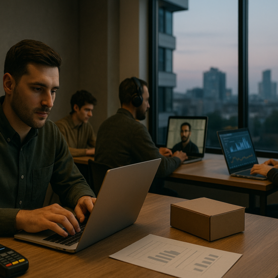 Entrepreneurs working on laptops in a modern coworking space in Kyiv with online business dashboards on screens