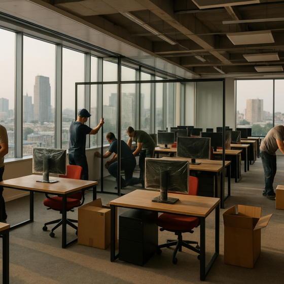 Team setting up a modern office space with Kyiv skyline in the background