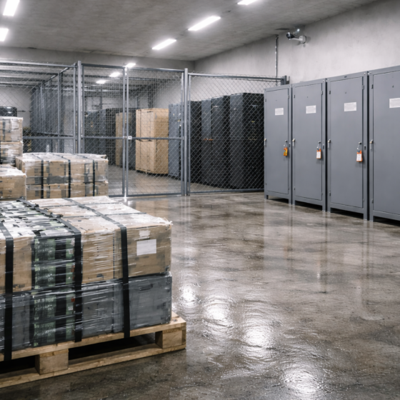 Secure compliance storage facility with sealed crates and locked cabinets in winter daylight, no text