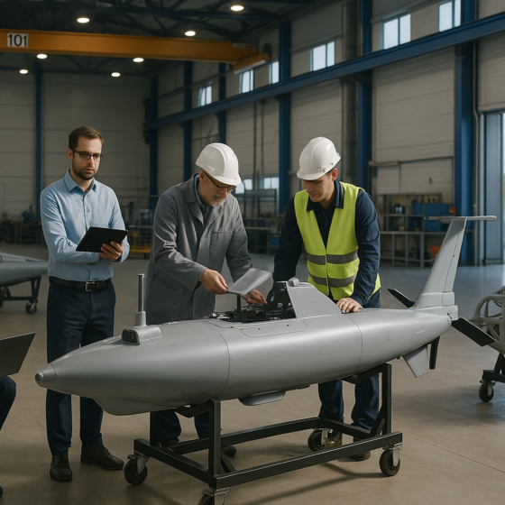 Modern industrial hall in Poland assembling Ukrainian-designed naval drones with technicians working on maritime unmanned systems
