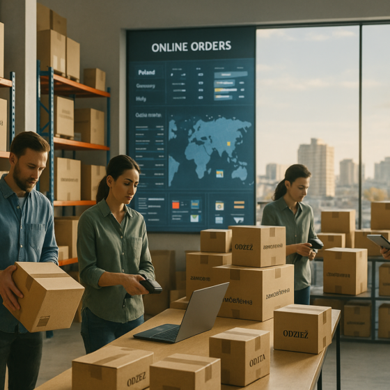 Modern warehouse in Ukraine processing parcels from foreign online stores with workers scanning packages