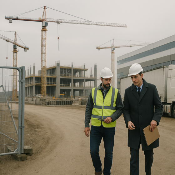 Secured reconstruction site inspection at a Ukrainian industrial park with engineers in safety gear, no text