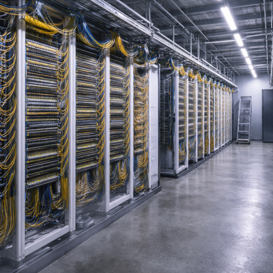Telecom meet-me room with dense fiber cross-connect frames and cables, no text