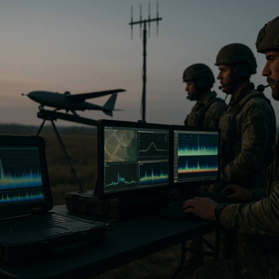 Ukrainian soldiers and engineers using an autonomous SIGINT system with drones and antenna mast in the field