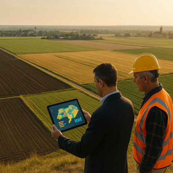 Aerial view of Ukrainian farmland with a land surveyor and official reviewing a digital land tax map