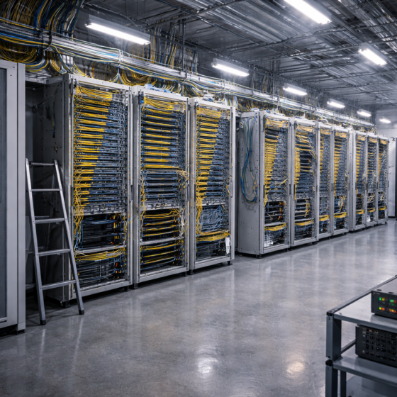 Telecom meet-me room with dense fiber cross-connect frames and secure network hardware, no text