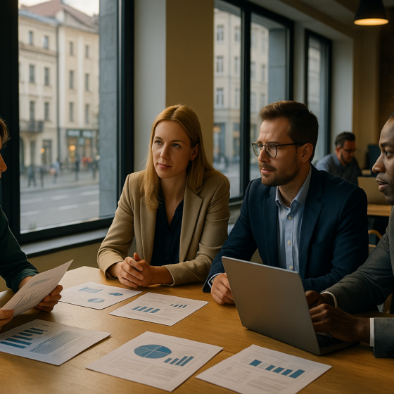 Modern glass-front offices in Ukraine with executives reviewing merger documents and regulatory risks