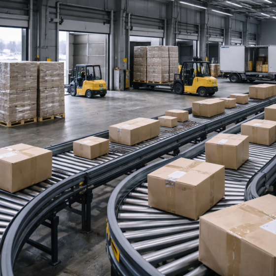 Parcel sorting and cross dock logistics hub with pallets and conveyors in winter daylight, no text