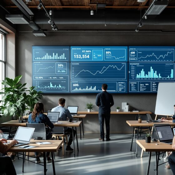 Ukrainian startup founders working in a modern tech hub with digital screens showing abstract metrics