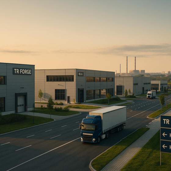 Modern Ukrainian industrial park with new production buildings, loading docks and trucks entering the site