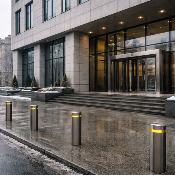 Winter exterior of a modern unbranded central bank building with wet pavement reflections, no text