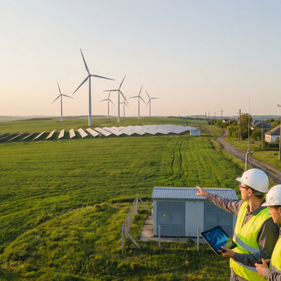 Engineers inspecting wind turbines and solar panels at a green energy site in Ukraine with transmission lines in the background