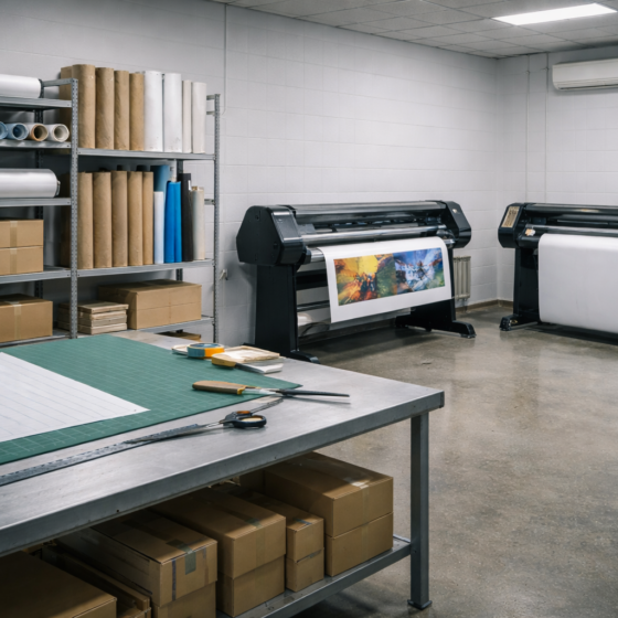 Small Ukrainian print and production workshop with unbranded equipment and packing materials, no text