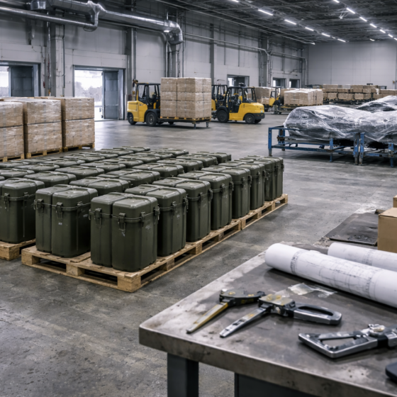 Defence manufacturing workshop with sealed transport canisters and palletized components in winter daylight, no text