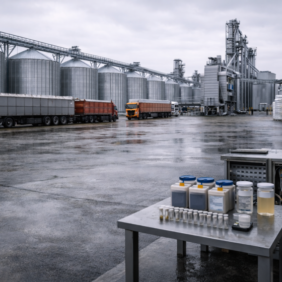 Ukrainian grain elevator and processing site with trucks and drying equipment in winter daylight, no text