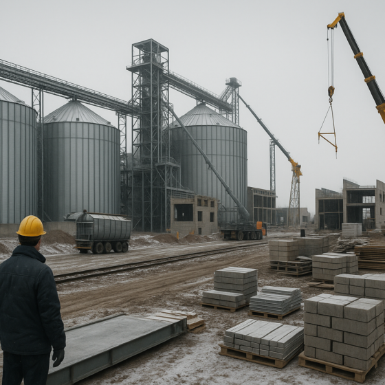 Construction of a modern grain elevator and processing facility in Ukraine with silos, conveyors and trucks, no text