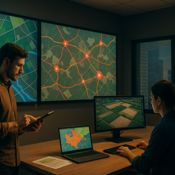 Analysts monitoring digital maps and traceability dashboards for Ukrainian agribusiness in a modern control room