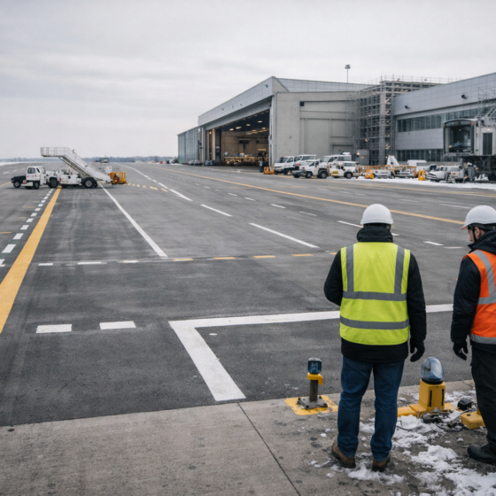 Ukrainian airport runway readiness inspection with ground service equipment in winter, no text