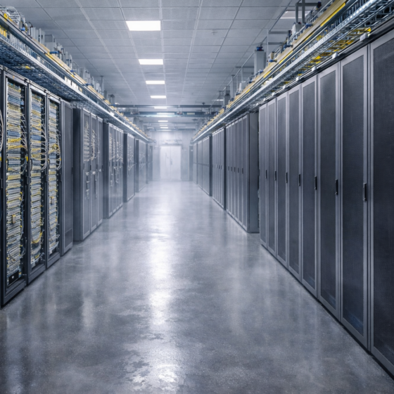 Neutral data center corridor with fiber cross connect frames and server racks, no text