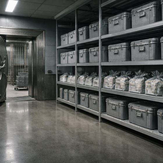 Bank cash vault operations area with secure transport boxes and steel vault door, no text