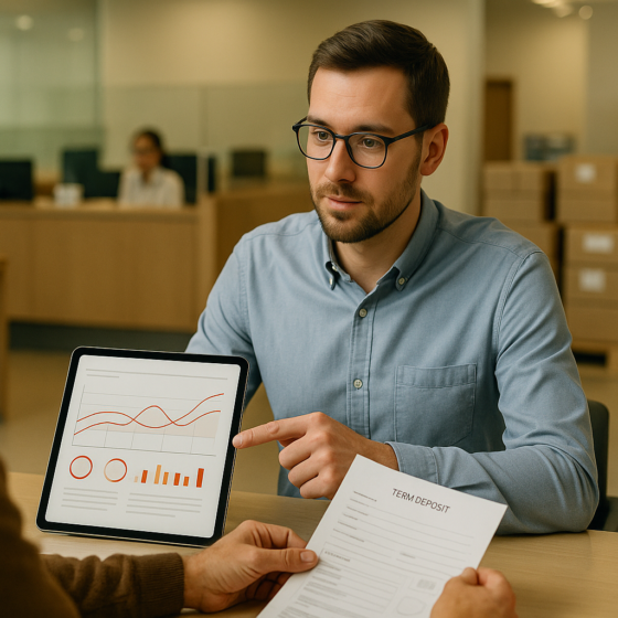 Modern Ukrainian retail banking scene with a consultant and term deposit documents, no text