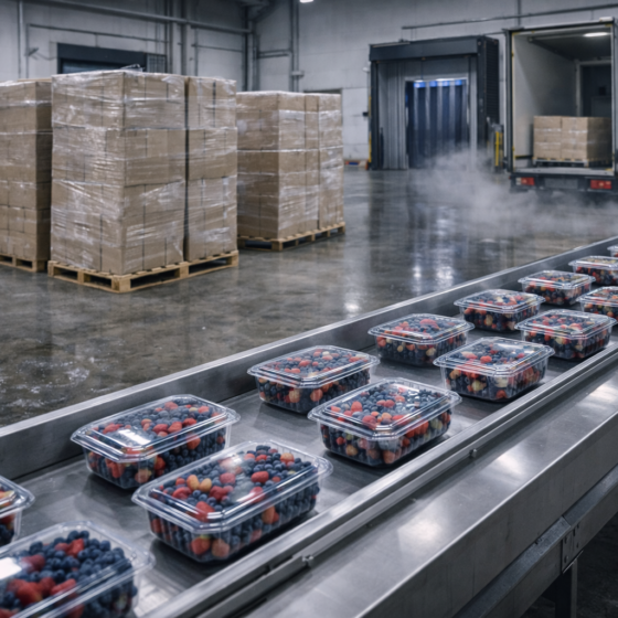 Berry packing and cold chain facility loading pallets into a refrigerated truck in winter daylight, no text