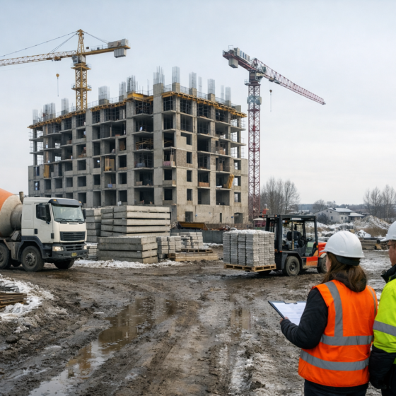 Winter construction site near Kyiv with cranes, concrete panels and engineers inspecting progress, no logos and no readable text