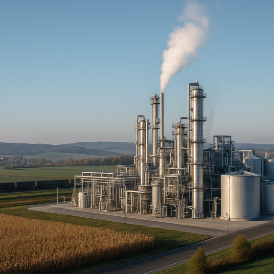 Modern bioethanol plant in rural Ukraine with stainless steel tanks next to corn fields and export transport infrastructure