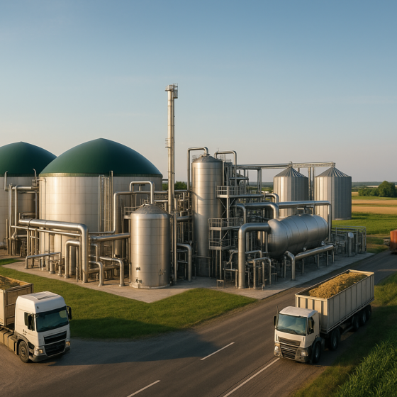 Modern biomethane plant in rural Ukraine with stainless steel tanks, pipes and surrounding fields
