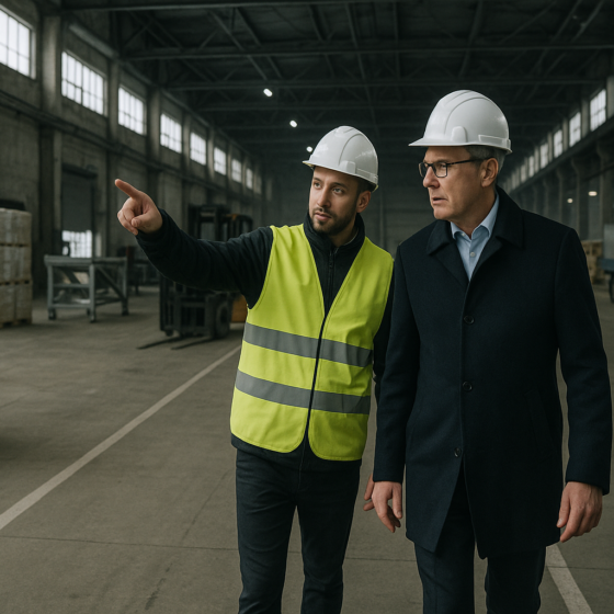 Industrial site visit with consultant and investor inspecting installation and logistics, no text