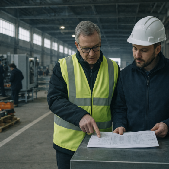 Business mentor coaching a founder during an industrial site execution walkthrough, no text
