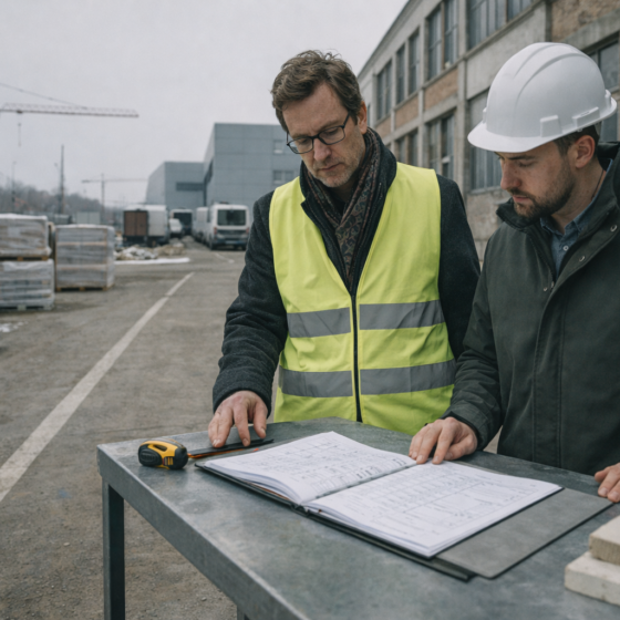 On site investment planning at a Ukrainian industrial facility with paper plans on a workbench, no text