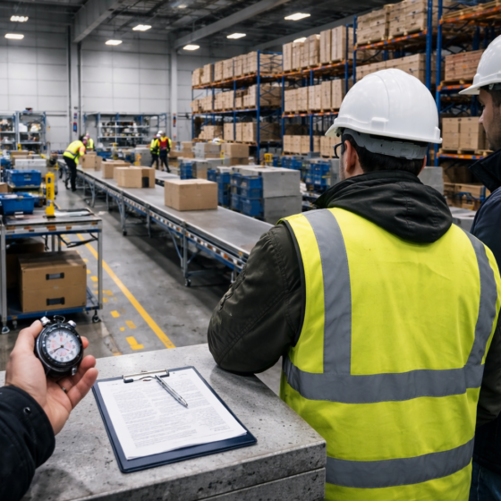 Ukrainian industrial workflow optimization scene with pallet racks and a process engineer, no screens, no text